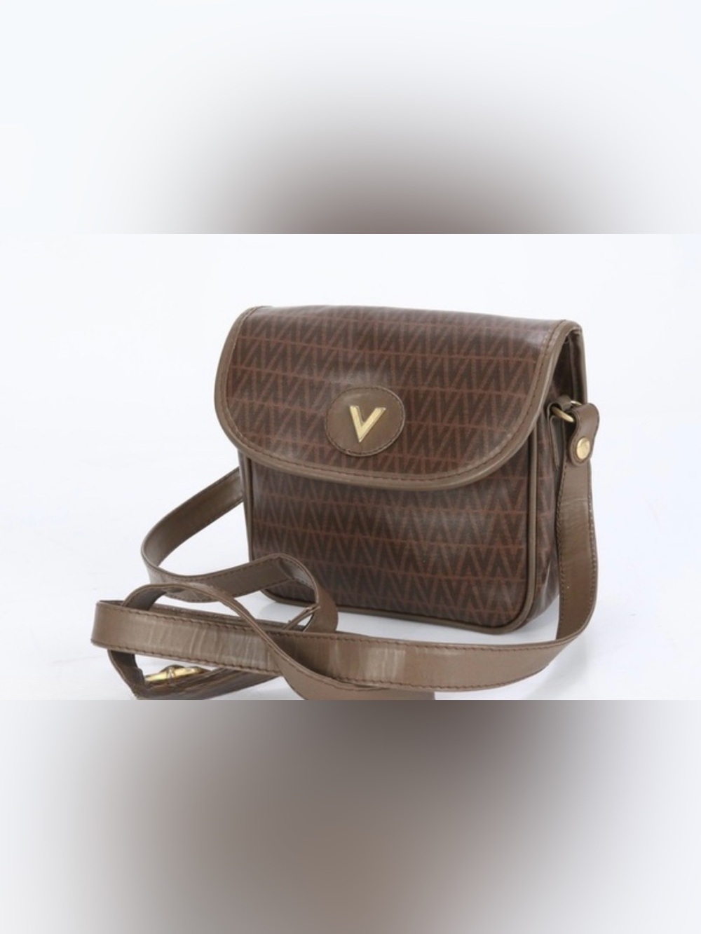 Vintage Mario Valentino Brown Monogram Crossbody Bag with Gold V Emblem